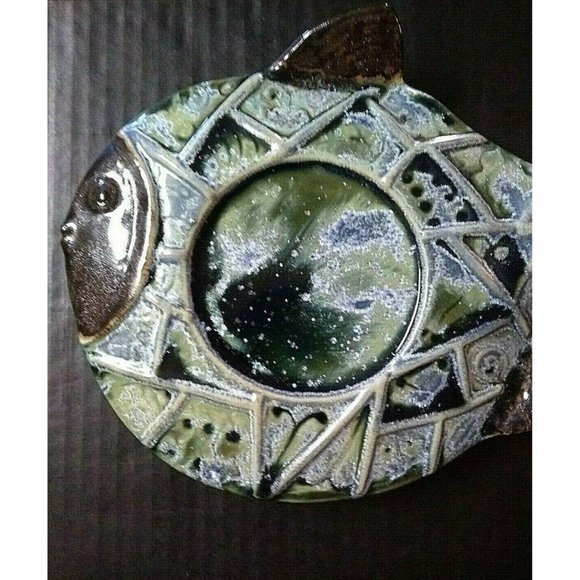 Candleholder Plate 8" Fish Shape Pillar Candle Holder Ceramic Coastal Nautical - Picture 2 of 6